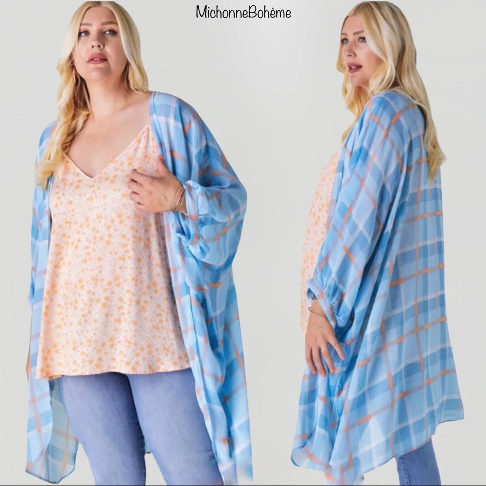 Davi & Dani Light Blue & Orange Plaid Print Kimono Cardigan - Picture 9 of 11